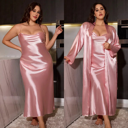 Plus Size 3XL 4XL 5XL Nighty&Robe Set Sexy Bride Long Wedding Bathrobe Dress Spring Summer New Sleepwear Loose Satin Home Wear