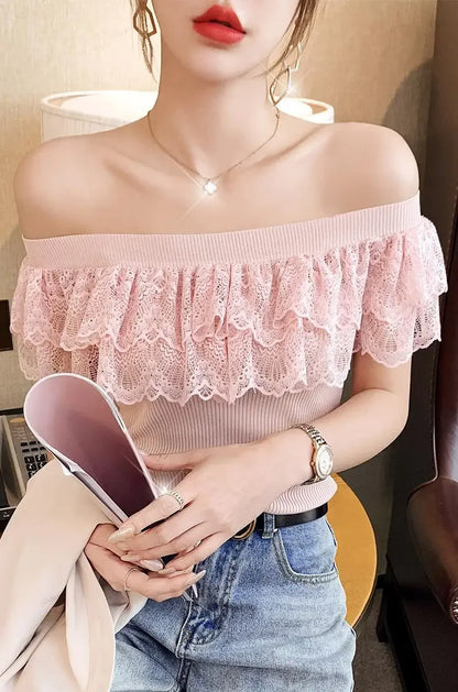 Sexy Ladies Tops Summer Blouse for Women 2024 Blusas Mujer De Moda Patchwork Lace Ruffles Blouses Tunic Sweet Knitted Shirts