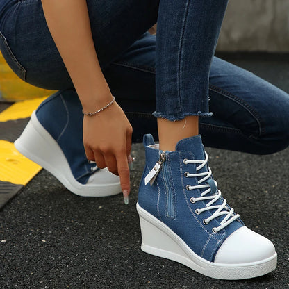 Women's Platform Wedge Heel High Top Sneakers Blue Denim Casual Canvas Shoes Woman Fashion Thick Sole Lace Up Vulcanized Shoes