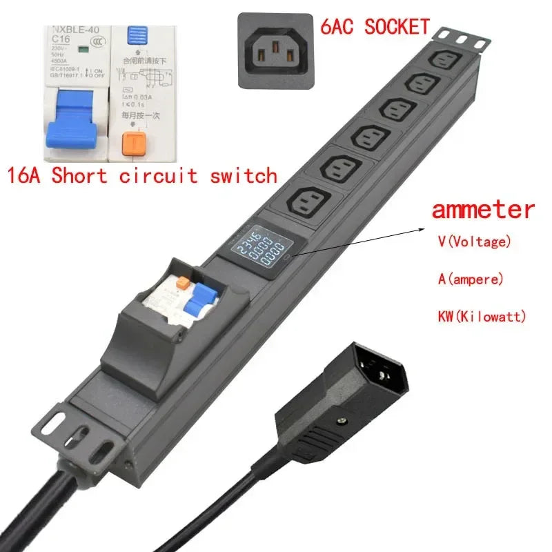 19 inches PDU SPD ammeter overload protection air switch Short circuit switch module power strip  IEC-320 C13 output C14 PLUG