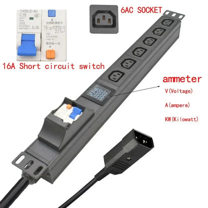19 inches PDU SPD ammeter overload protection air switch Short circuit switch module power strip  IEC-320 C13 output C14 PLUG