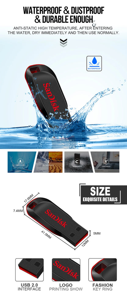 SanDisk CZ50 USB2.0 Pendrive 32GB 16GB 64GB USB Flash Drive Pen Drive U Disk Mini Flash Drive Cruzer Blade 100% Original