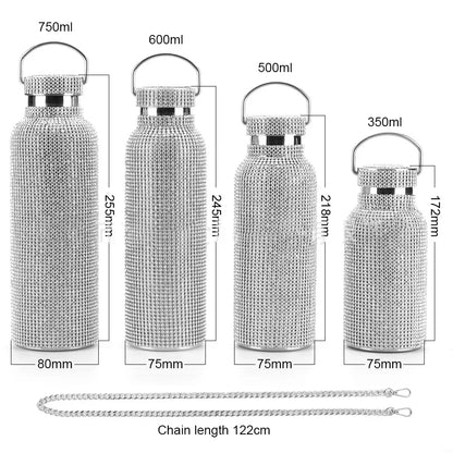 350/500/750/1000ml Luxury Rhinestone Thermos Bottle 2pcs Chain Portable Water Bottle Double Wall Stainless Steel Thermal Flask
