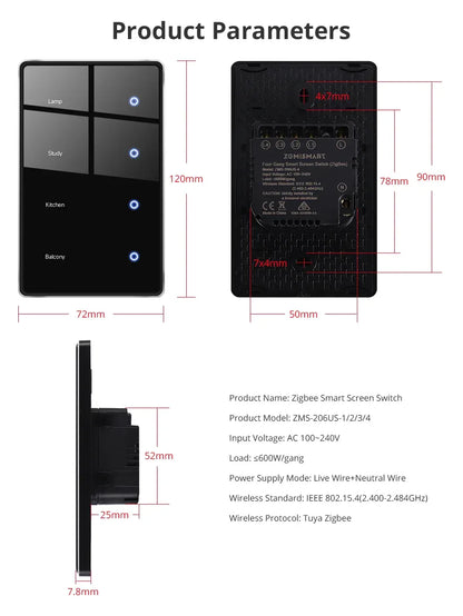Zemismart Zigbee DIY Name Switch US Black Touch Panel Smart Display Screen Light Switch Work with Tuya Smart Life App
