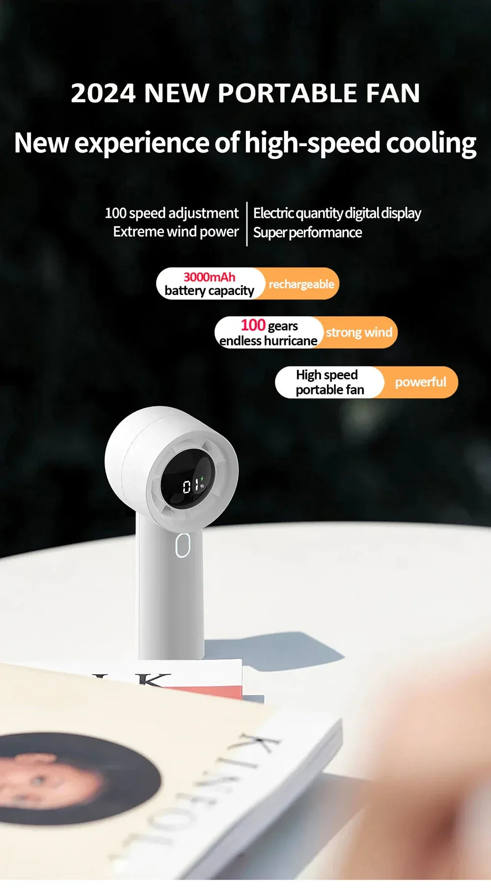2025 New 3000mAh 100 Gears High Speed Fan Mini Air Conditioner Portable Fan Air Cooler with LED Display Screen Super Cool Wind