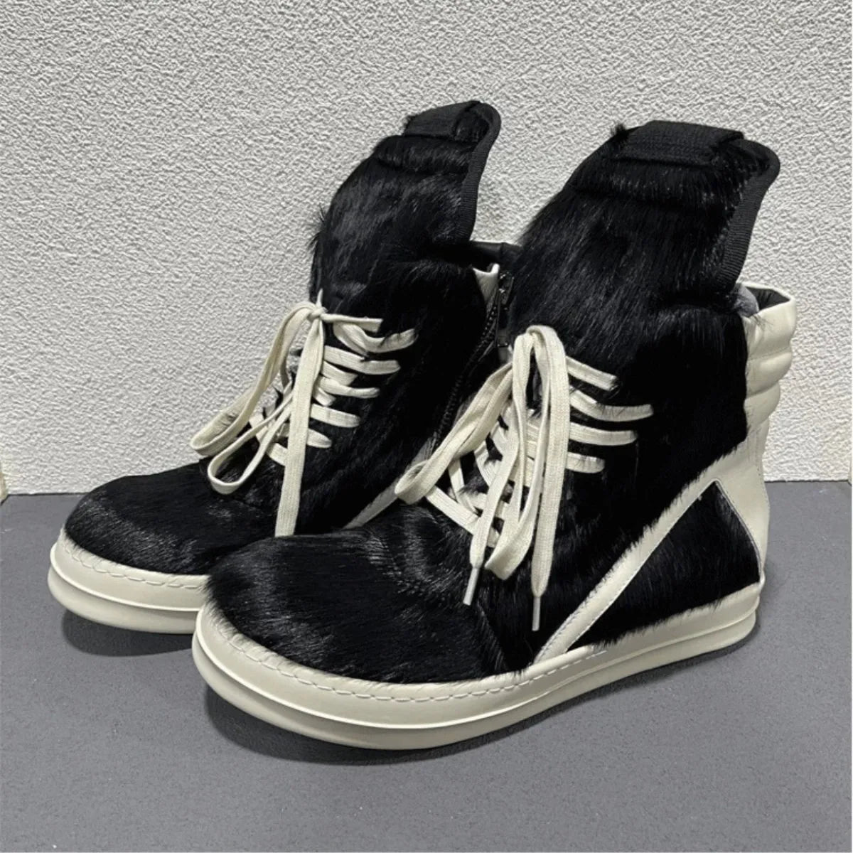 Ro Casual Shoes Men High Top Shoe Black Horse Hair Women Sneaker Black Horsehair Ankle Boot White Leather Boots Flat Sneakers