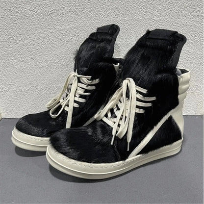 Ro Casual Shoes Men High Top Shoe Black Horse Hair Women Sneaker Black Horsehair Ankle Boot White Leather Boots Flat Sneakers