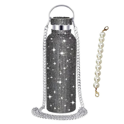 350/500/750/1000ml Luxury Rhinestone Thermos Bottle 2pcs Chain Portable Water Bottle Double Wall Stainless Steel Thermal Flask
