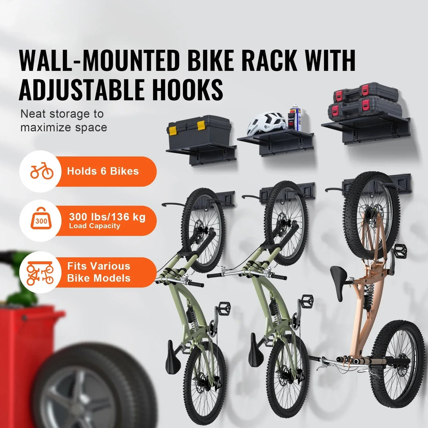 SucceBuy 3pcs Bike Storage Rack 300 lbs 48-inch Wall Mount Bicycles Storage Hanger with 3 Shelves for 6 Bikes Garage Organizer