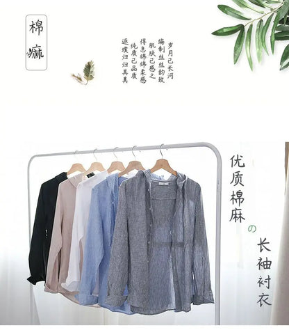 Spring Summer New Hooded Long-sleeved Solid Inen Shirt Trendy Men's Thin Loose Youth Fashionable Cotton Linen Sunscreen Shirt