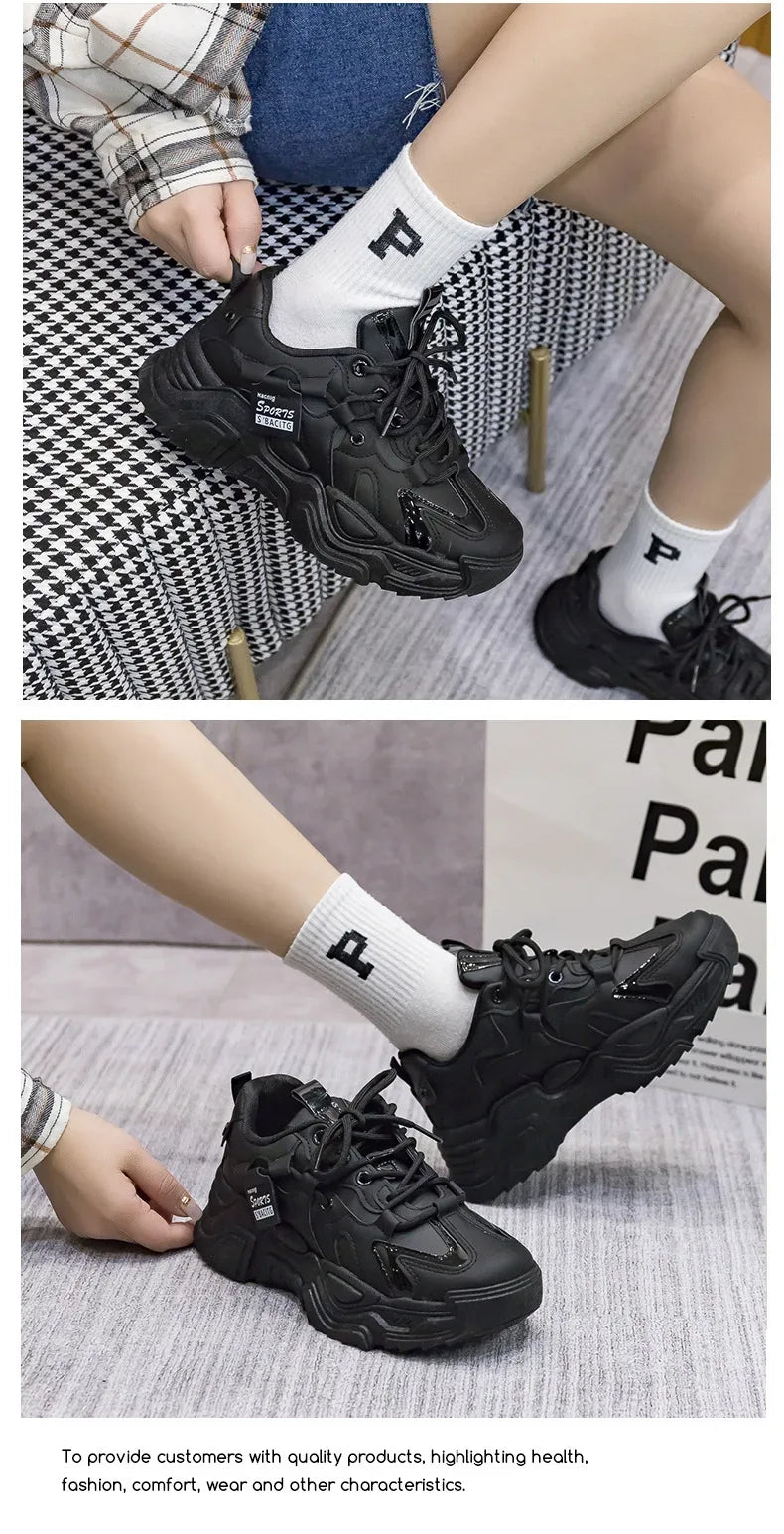 Women's Shoes Platform Autumn Leather 2025 New Versatile Black Casual Sneaker Solid Color Lace-up Vulcanize Shoes Tenis Feminino