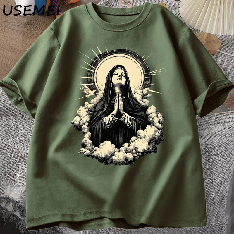 Christian T Shirt Virgin Mary Graphic Tshirt Faith Unisex Tee Christmas or Easter T-shirt Tee Shirt Cotton Short Sleeve Clothes