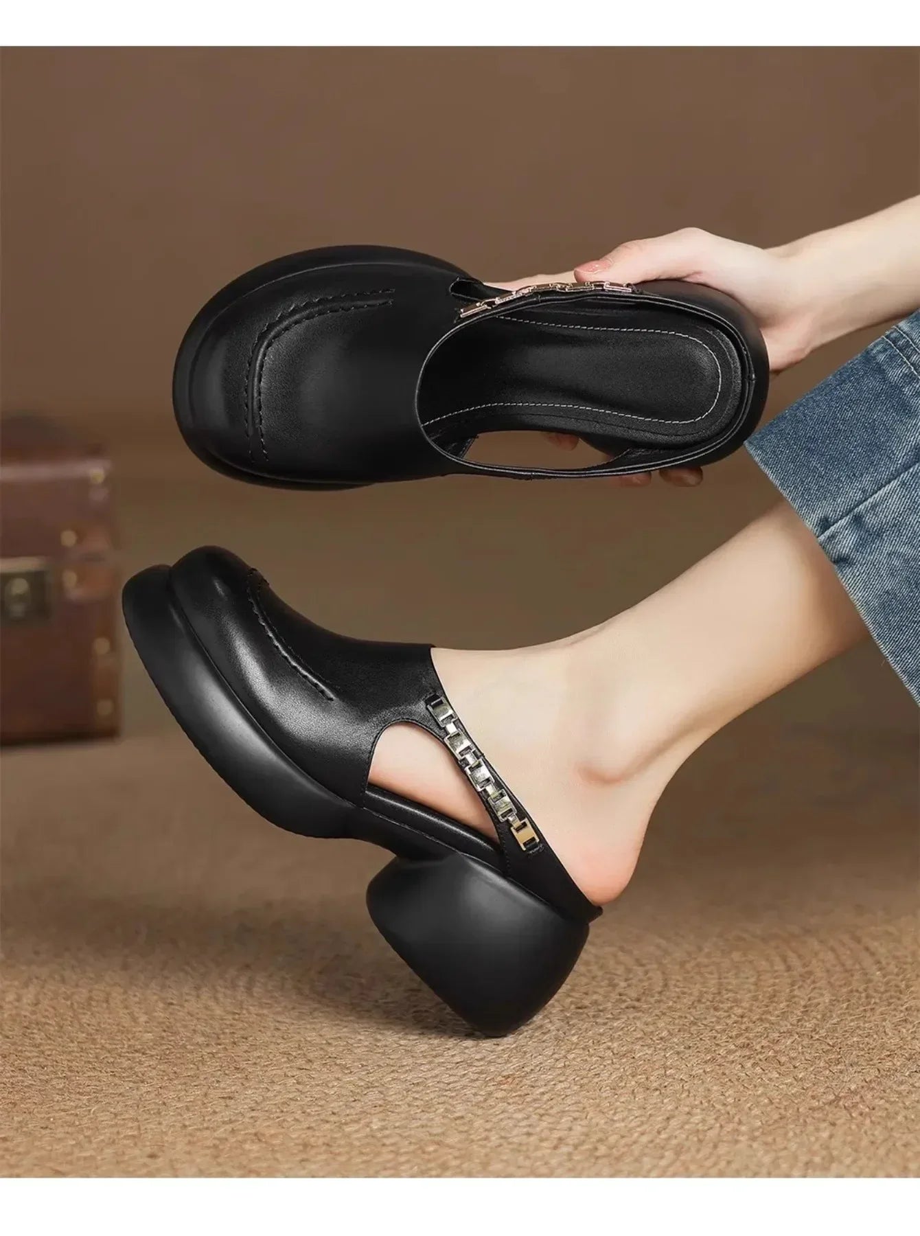 New Half-bang-head Slippers for Women 2025 Genuine Leather Platform Wedge-shaped Sneakers Pump Summer Fashion Women Casual Shoes