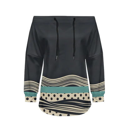 Trendy Off-Shoulder Sweatshirts with Striped & Polka Dot Patterns Drawstring Casual Loose-Fit Top for Women Casual Streetwear