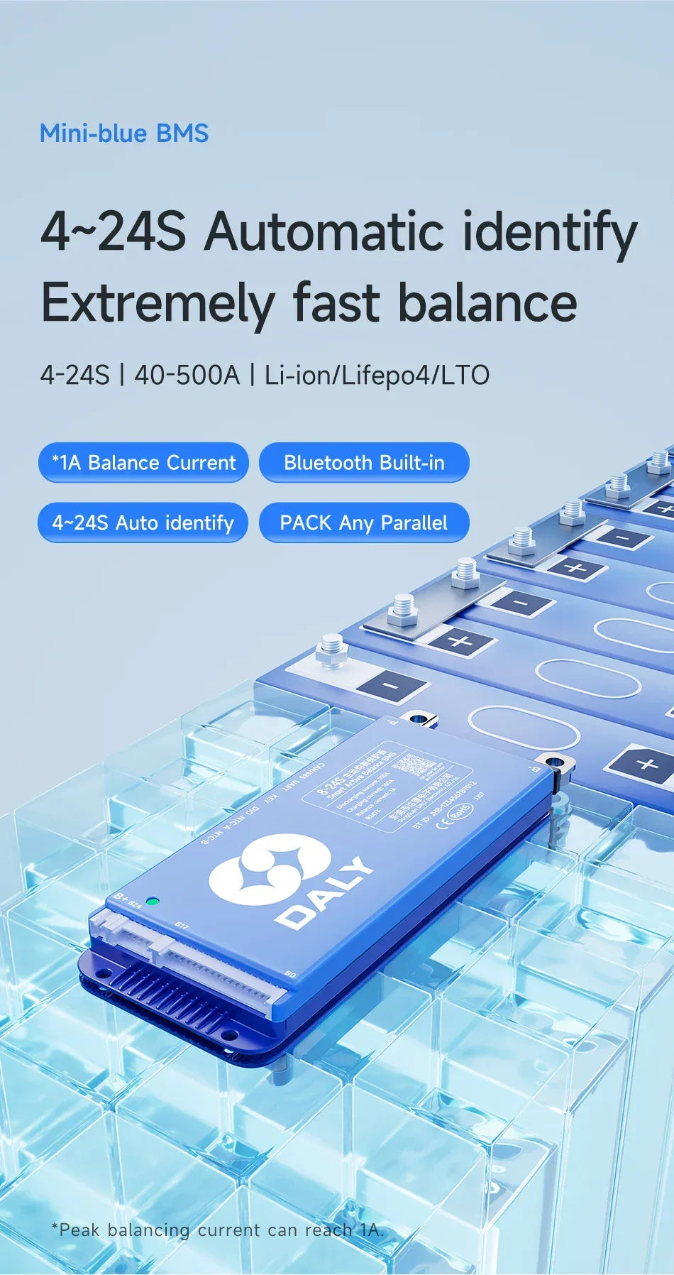 Daly BMS WiFi Active BMS 250 amperios for Lifepo4 4S 8S 24S 100A 150A 200A 500A Active Balance 1A Built-in BT 7S 24V 12V 48V
