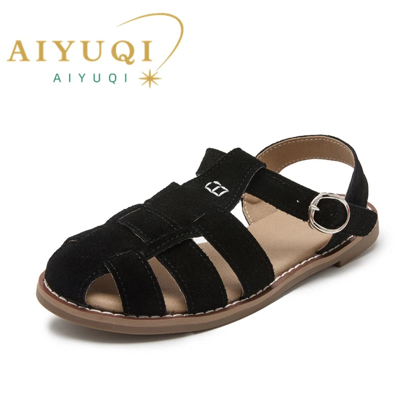 AIYUQI Flat-soled Retro Genuine Leather Hollow Baotou Sandals Women's 2026 New Hollow Pig Cage Women's Sandals