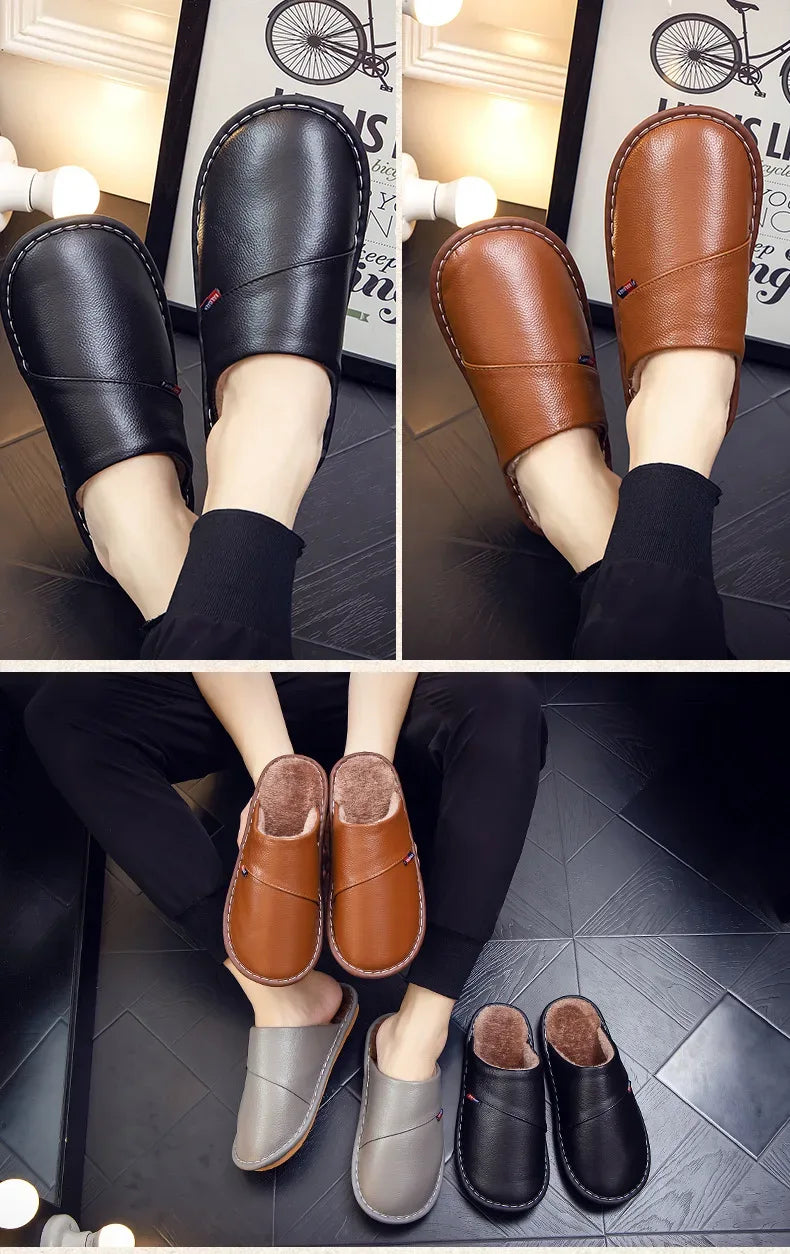 Cotton slippers for men and women at home anti slip and warm indoor Home leather cowhide slippers in winter 2023