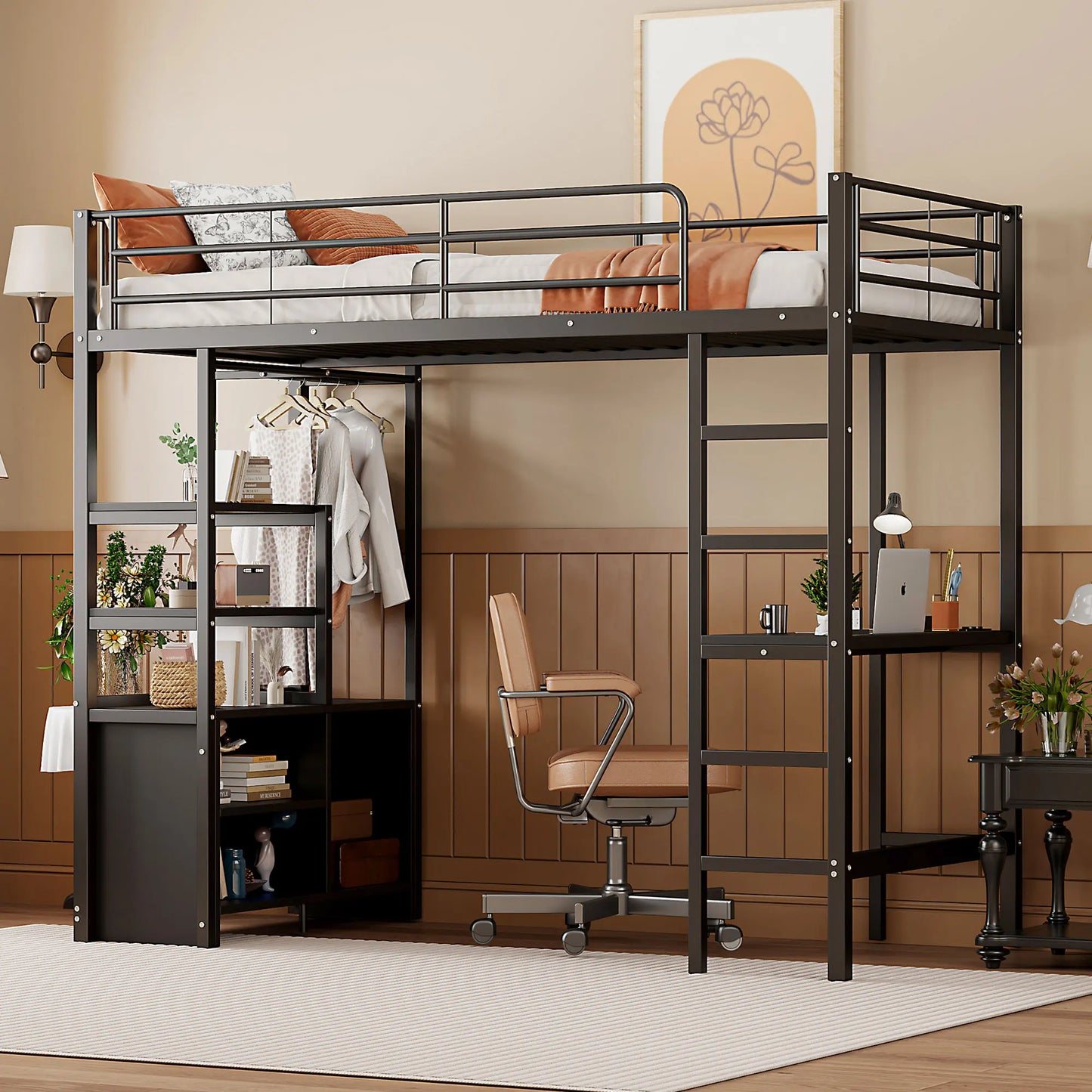 High bed 90 × 200 cm with crash protection, child bed with desk & USB, youth bed with shelves & open storage cabinet