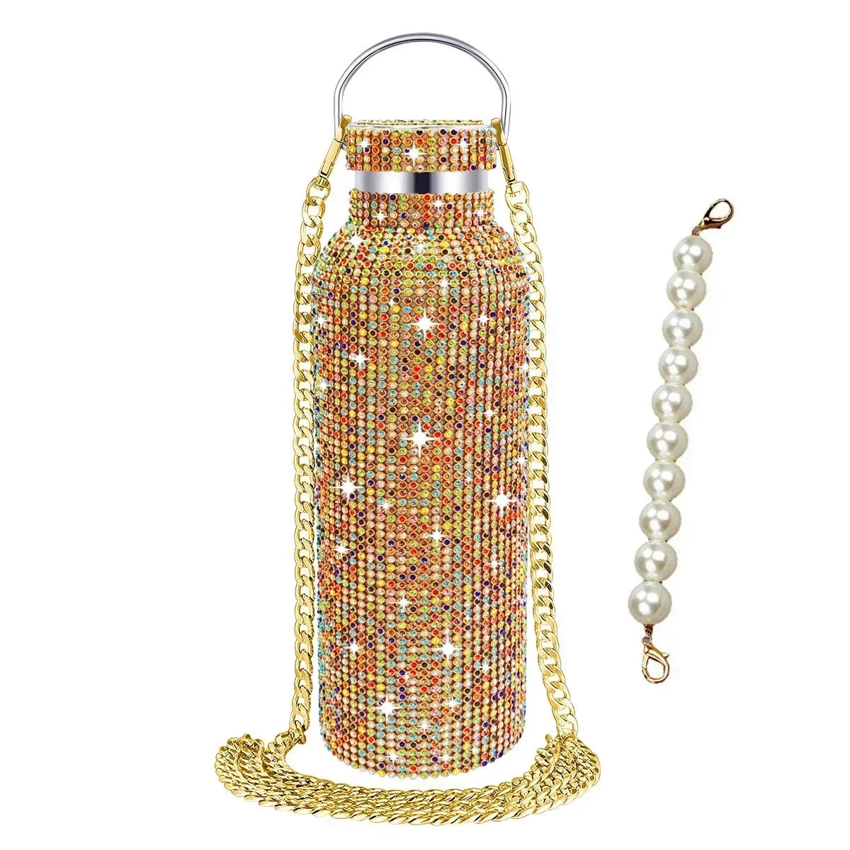 350/500/750/1000ml Luxury Rhinestone Thermos Bottle 2pcs Chain Portable Water Bottle Double Wall Stainless Steel Thermal Flask