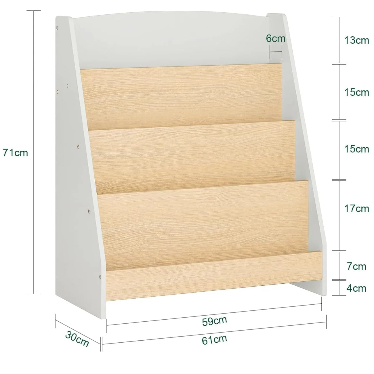 Children's bookshelf, Storage Furniture with 4 levels of open compartments, 61x30x71cm, White + wood color