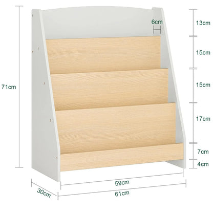 Children's bookshelf, Storage Furniture with 4 levels of open compartments, 61x30x71cm, White + wood color