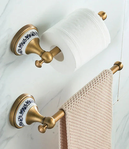 Antique Brass 2pc Bathroom Accessories Set, Bronze Dispenser Towel Rod and Toilet Paper Holder for Bathroom Wall Mounted