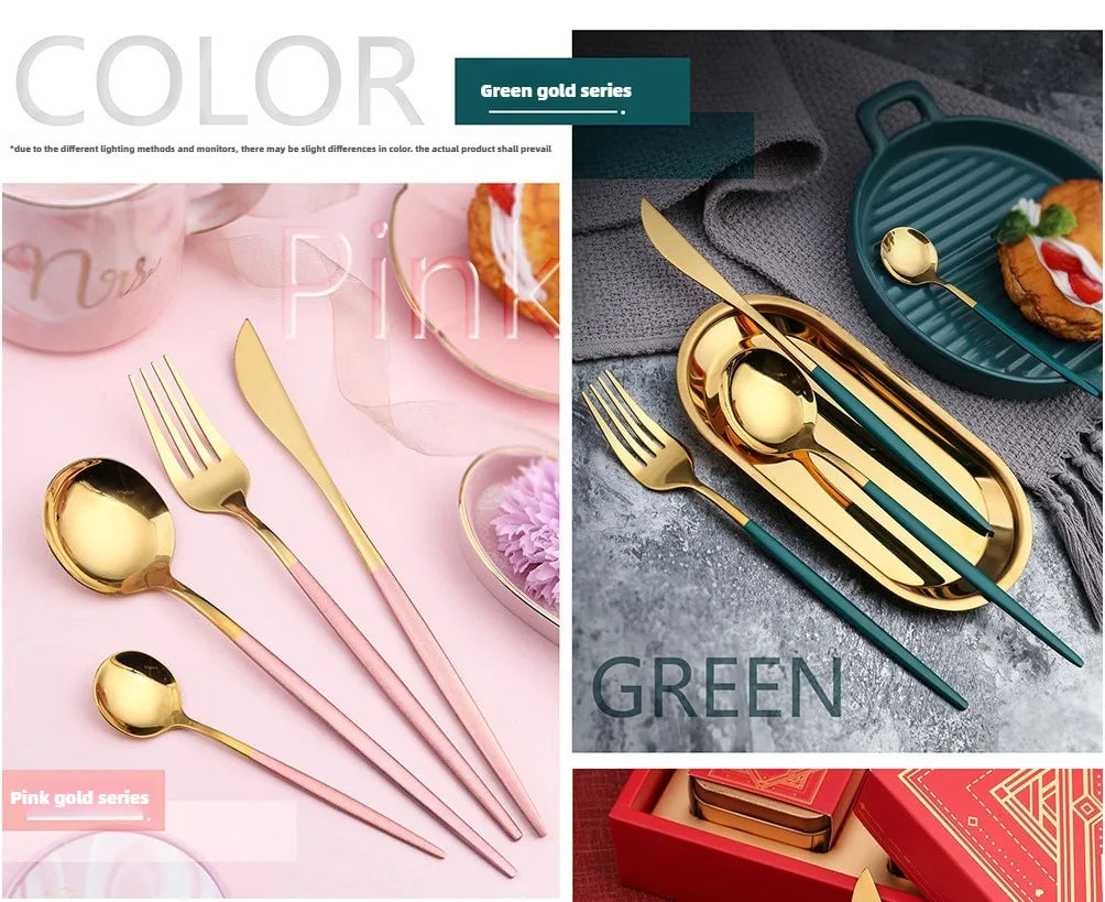 2PC/4PC Cutlery Set Stainless Steel Glossy Titanium Black Gold Cutlery Knife Fork Spoon Tea Spoon Set Kitchen Accessories