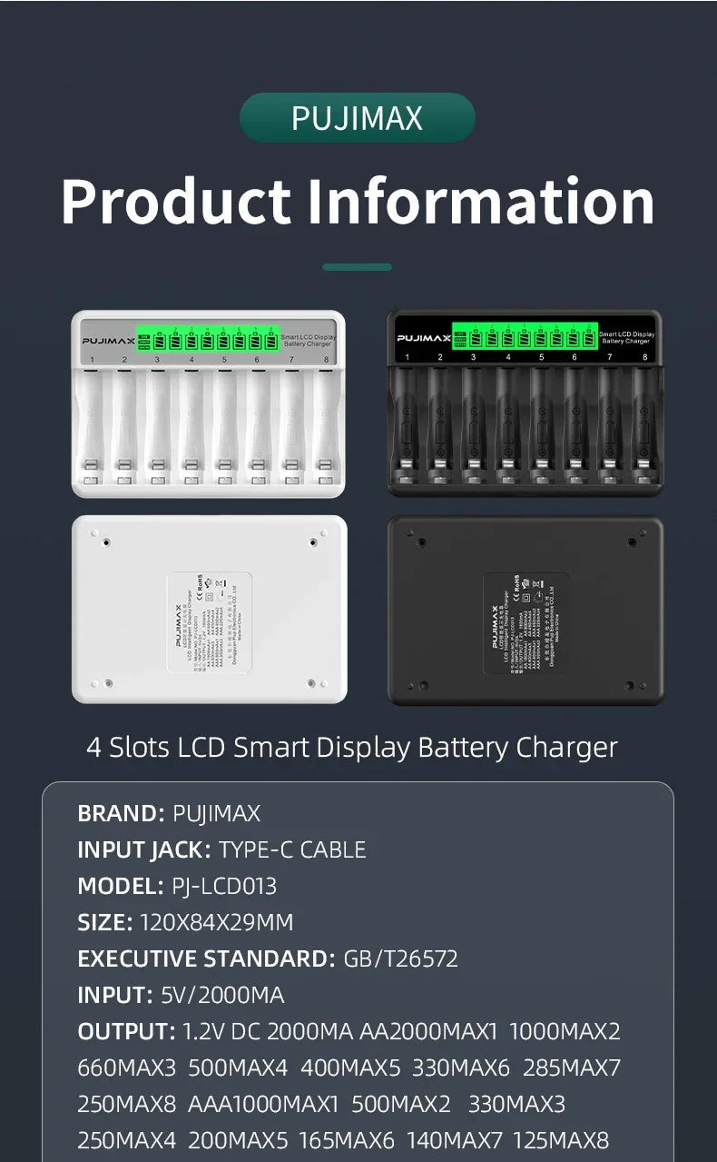PUJIMAX 8-Slots LCD Display Fast Smart Battery Charger Type-C Charging For 1.2V Ni-MH Ni-CD AA AAA  Rechargeable Battery Charger