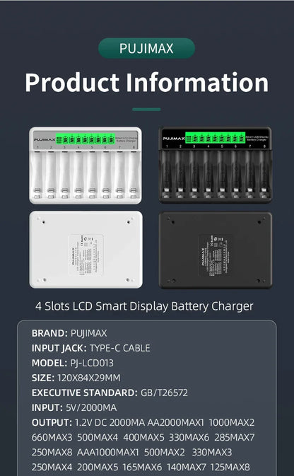 PUJIMAX 8-Slots LCD Display Fast Smart Battery Charger Type-C Charging For 1.2V Ni-MH Ni-CD AA AAA  Rechargeable Battery Charger