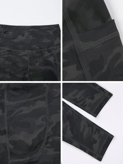 Women Camouflage Printing Leggings with Pockets High Waist Elastic Fitness Tights Outdoors Running Pants