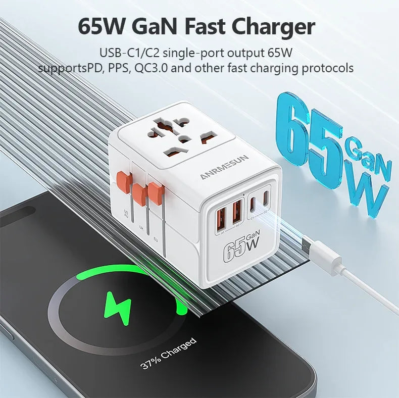 ANRMESUN 65W GaN Universal Travel Adapter with 2 USB 2 Type C Fast Charging All-in-one Travel Charger EU/UK/USA/AUS for Travel