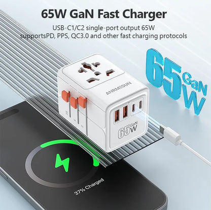 ANRMESUN 65W GaN Universal Travel Adapter with 2 USB 2 Type C Fast Charging All-in-one Travel Charger EU/UK/USA/AUS for Travel