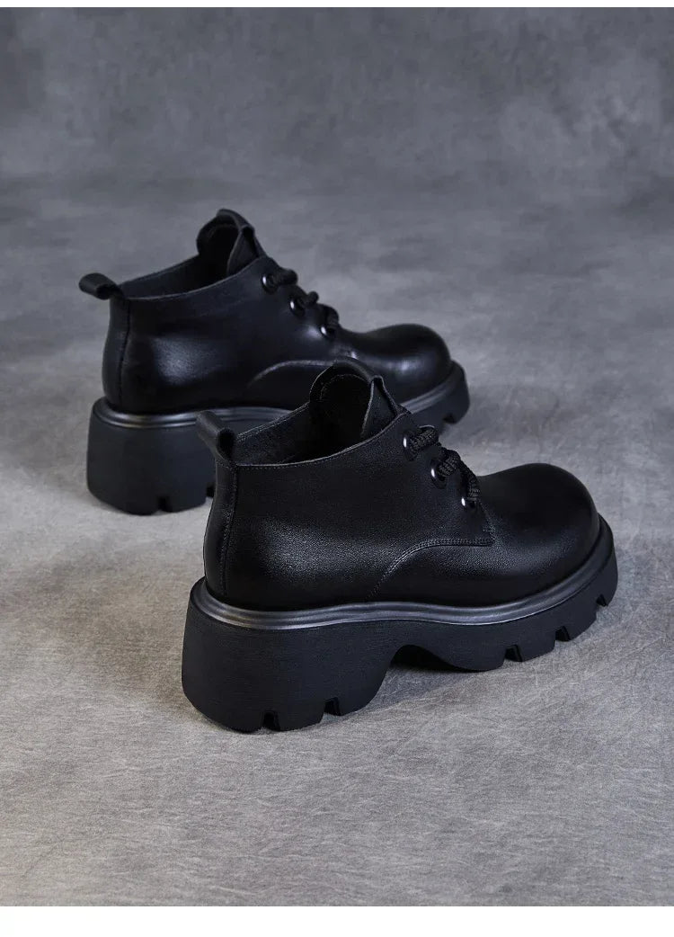 DRKANOL Luxury Design Genuine Leather Ankle Boots For Women Platform Casual Short Boots Women Winter Thick High Heel Warm Shoes