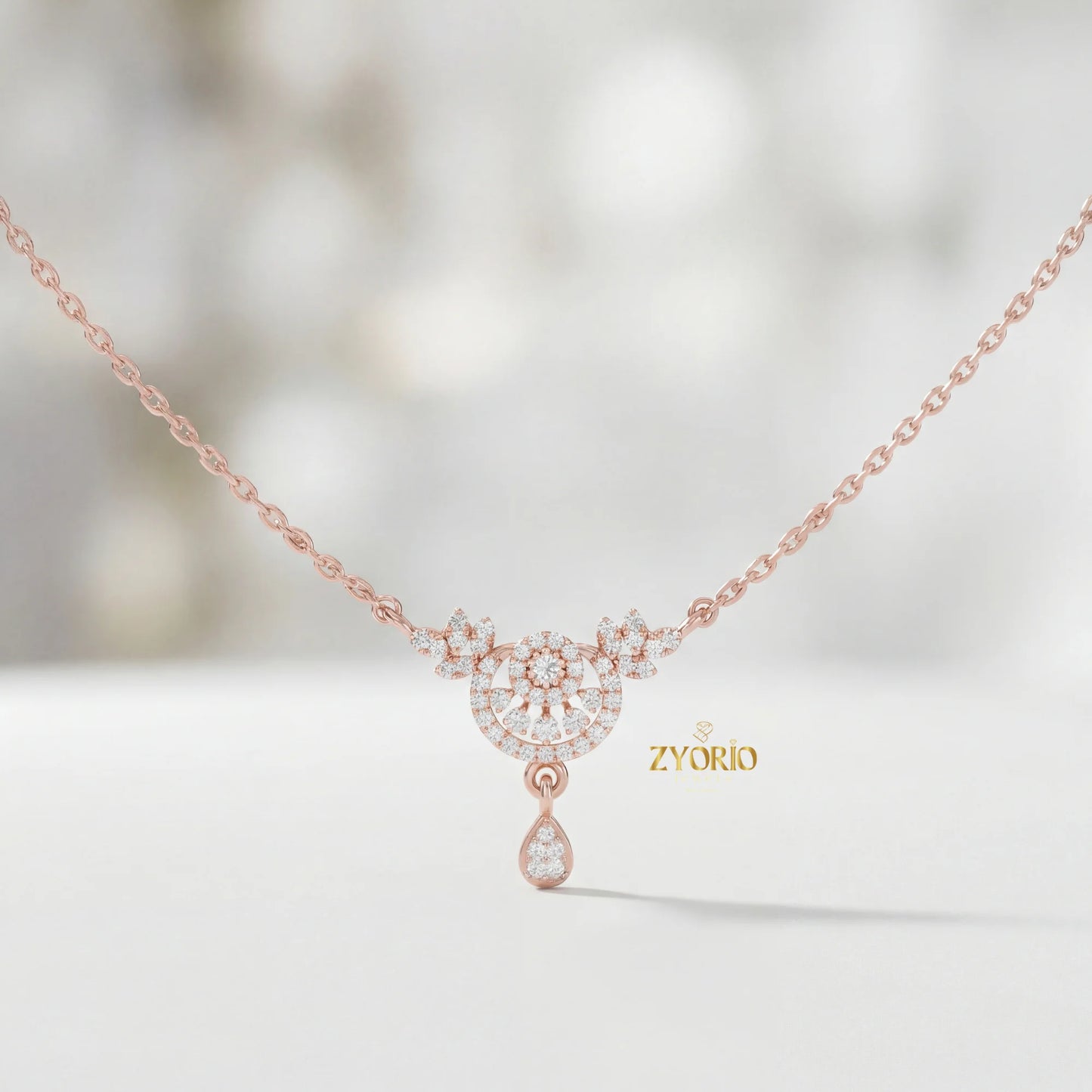 ZYORIO Women's Rose Gold Diamond Pendant Necklace Floral Design Pave Setting Round Brilliant Cut Teardrop Drop Romantic Wedding