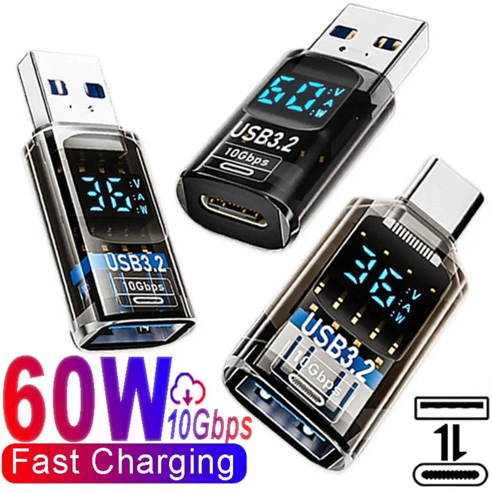 60W USB 3.2 Adapter LED Digital Display Transmission Data Converter Fast Charge Data Sync Adapter USB To Type C Charger Adapter