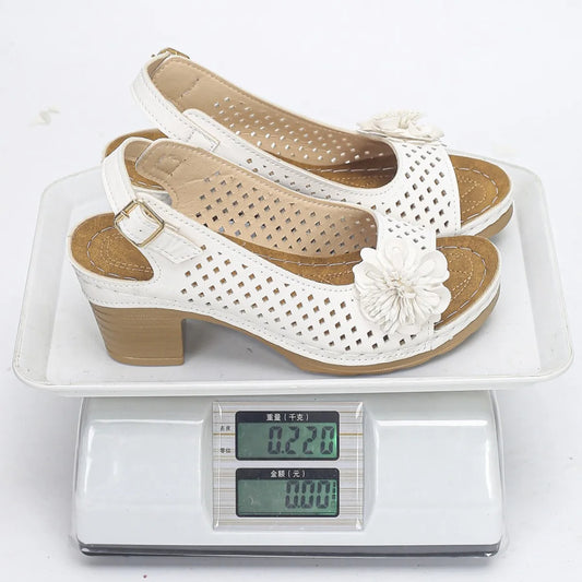 Women's Chunky Heel Sandals Summer 2026 Fashion Flower Hollow Beach Shoes Lightweight High Heeled Casual Sandals for Women