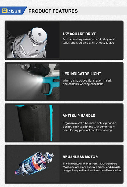 Gisam 1800N.M Torque Brushless Electric Impact Wrench 1/2 inch Screwdriver Cordless Wrench Power Tool For Makita 18V Battery Pin