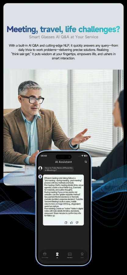 Lunettes intelligentes 8 mégapixels, enregistrement vidéo, reconnaissance photo IA, traduction des réponses, batterie 270 mAh, étanche IP65, Bluetooth