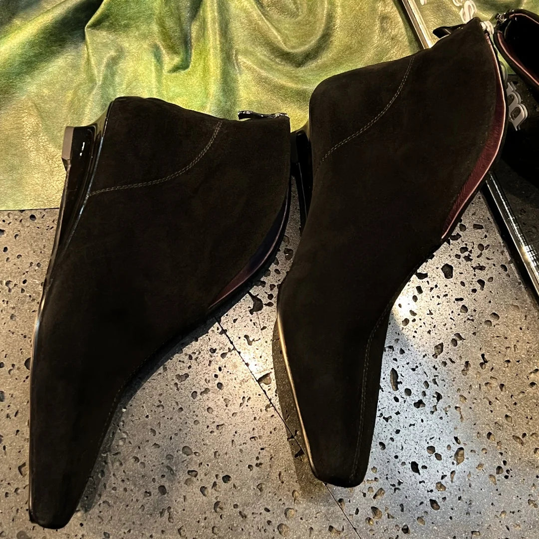 Women's natural suede leather pointed toe back zip kitten heel autumn ankle boots elegant ladies short booties shoes for woman