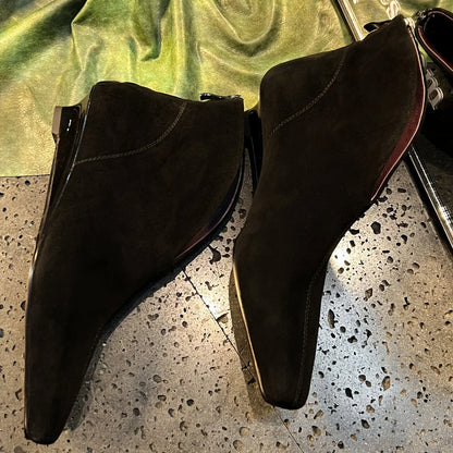 Women's natural suede leather pointed toe back zip kitten heel autumn ankle boots elegant ladies short booties shoes for woman