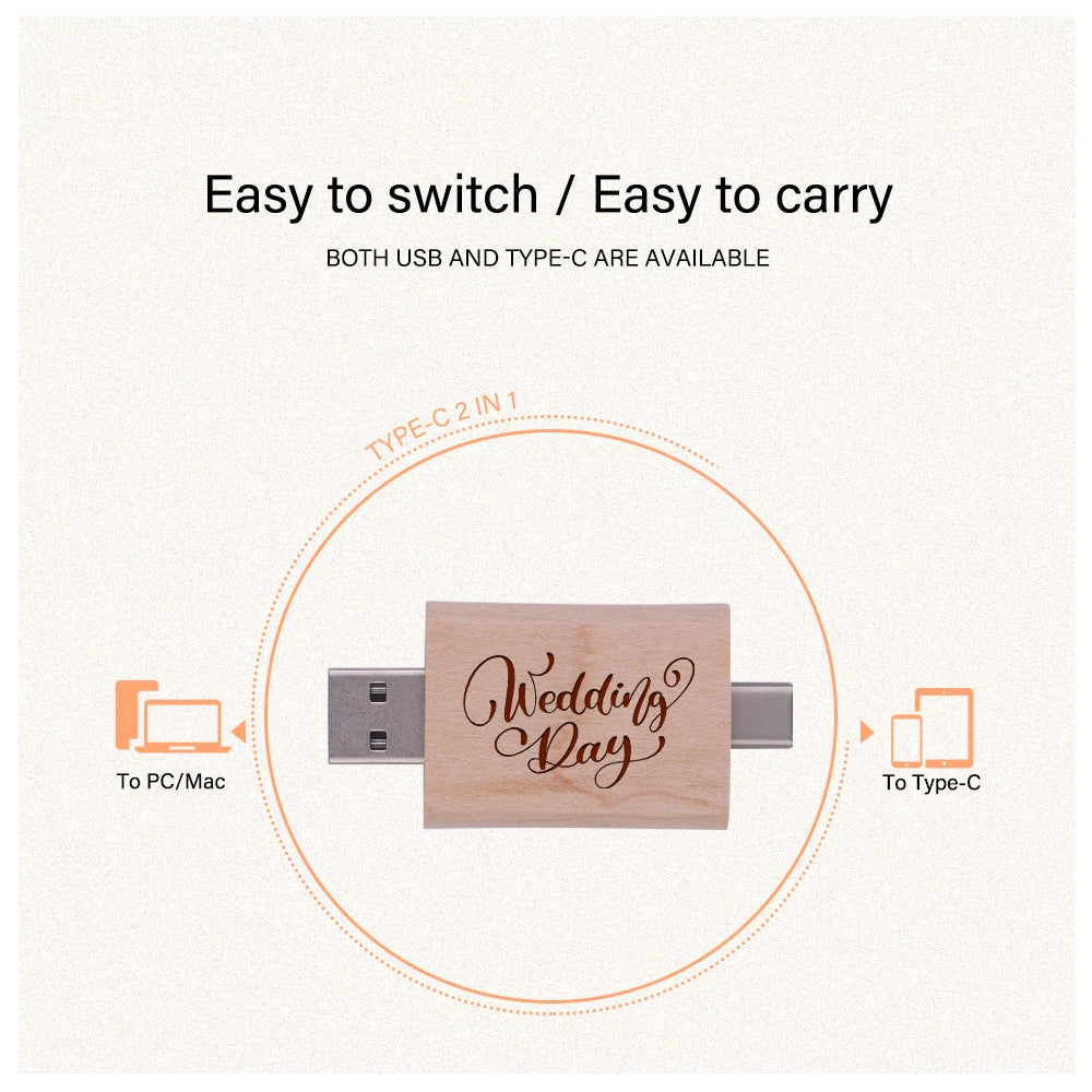 2 IN 1 TYPE-C USB 3.0 Flash Drive 128GB Free Custom Logo Pen Drive 64GB Wooden Pendant Memory Stick 32GB Creative Wedding Gift
