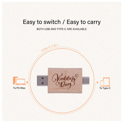 2 IN 1 TYPE-C USB 3.0 Flash Drive 128GB Free Custom Logo Pen Drive 64GB Wooden Pendant Memory Stick 32GB Creative Wedding Gift