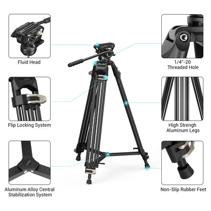 SmallRig Heavy-Duty 360° Fluid Head Tripod AD-01 186cm Video Tripod with Quick Release Plate for DSLR Camera Camcorder