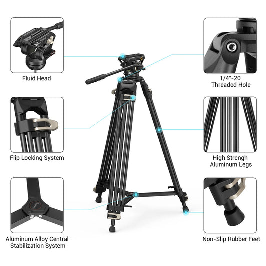 SmallRig Heavy-Duty 360° Fluid Head Tripod AD-01 186cm Video Tripod with Quick Release Plate for DSLR Camera Camcorder
