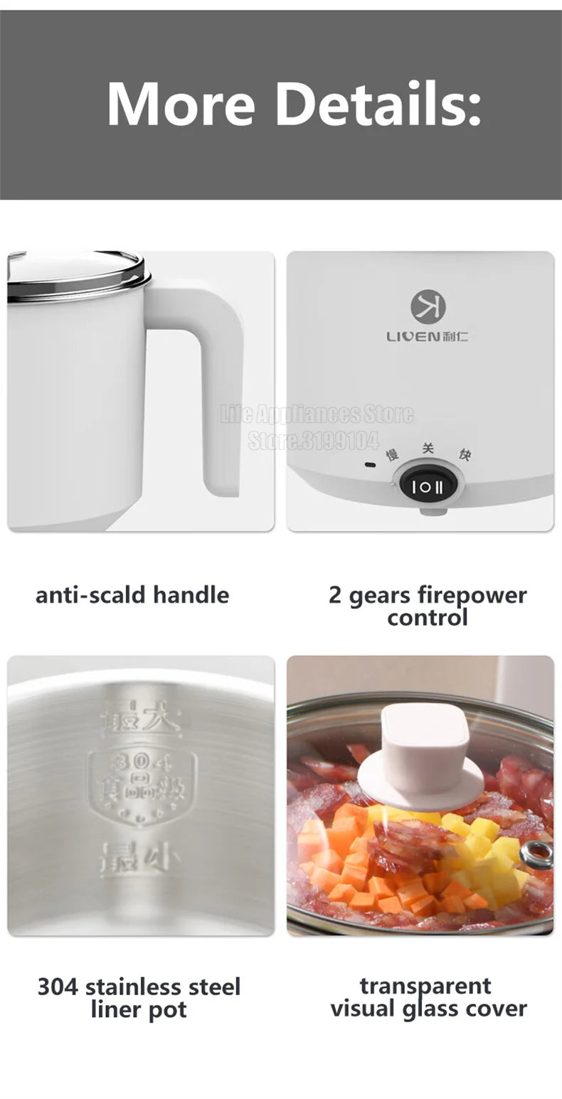 Liven Electric Multi Cooker 1.8L with 304 Stainless Steel Steamer Multifunctional Cooking Rice Porridge Noodle Mini Hot Pot 600W
