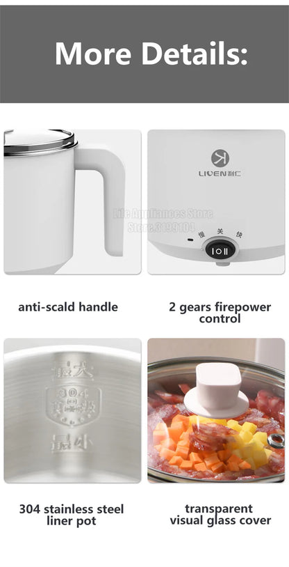 Liven Electric Multi Cooker 1.8L with 304 Stainless Steel Steamer Multifunctional Cooking Rice Porridge Noodle Mini Hot Pot 600W