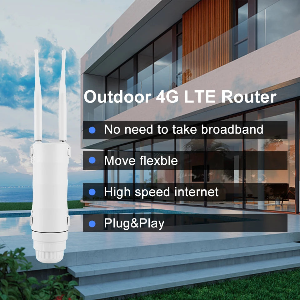 KuWFi 300Mbps Outdoor LTE Router CAT4 4G Router Wireless Wi-Fi Detachable External Antenna WAN LAN Port Support 24V POE 64 Users