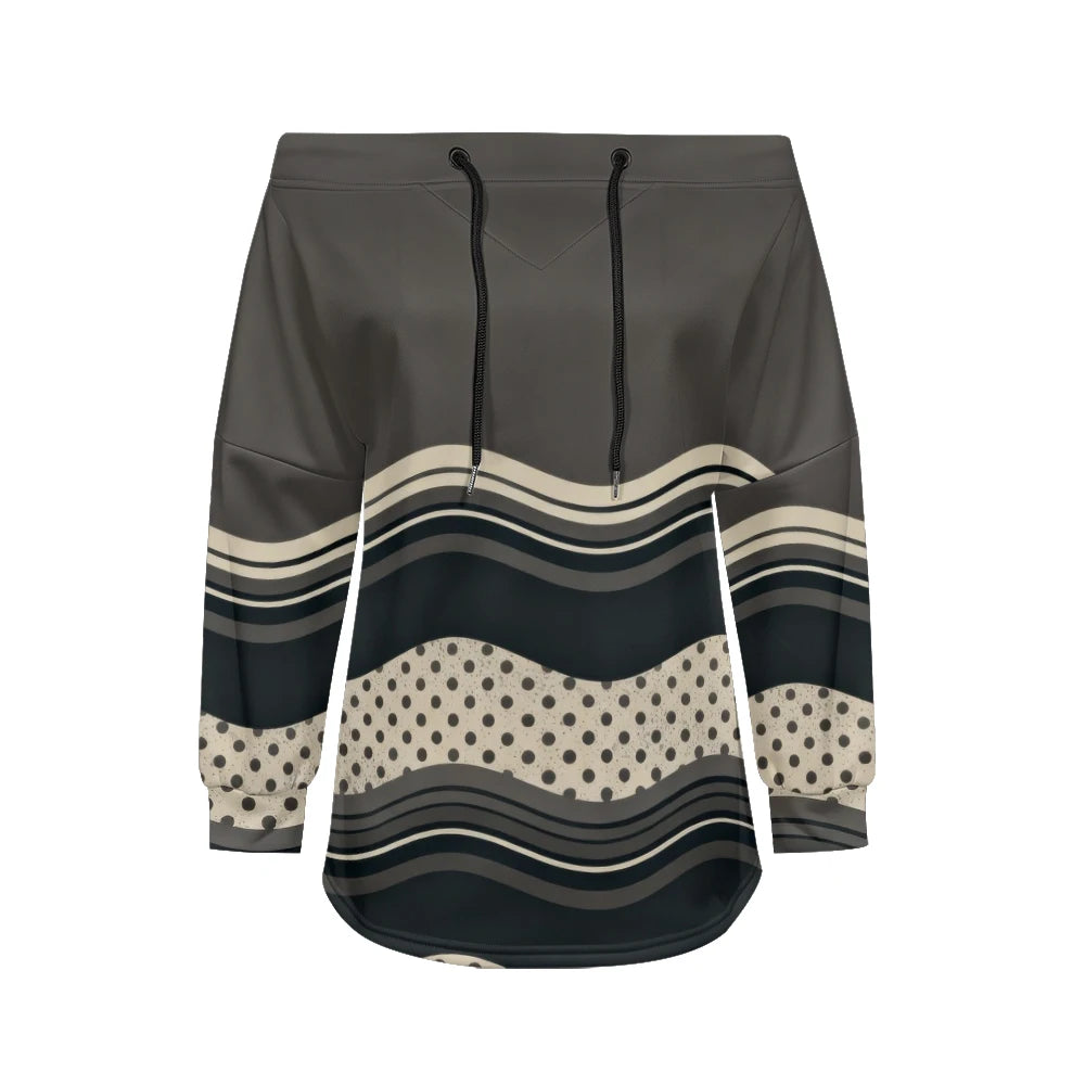 Trendy Off-Shoulder Sweatshirts with Striped & Polka Dot Patterns Drawstring Casual Loose-Fit Top for Women Casual Streetwear