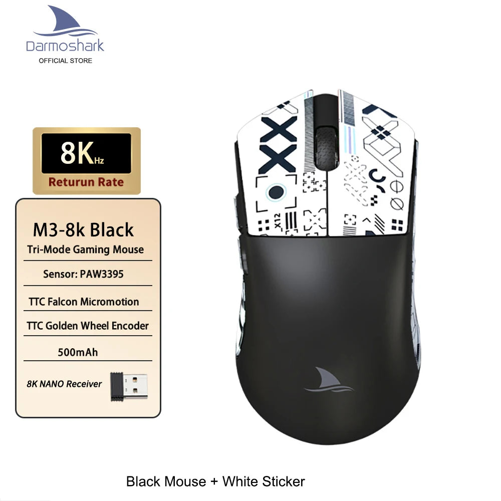 Darmoshark M3 Gaming Mouse Dual Mode 8K Wireless Tri-Mode PAW3395 Big Hand Macro Game Mouse 26000 DPI Lightweight Mice
