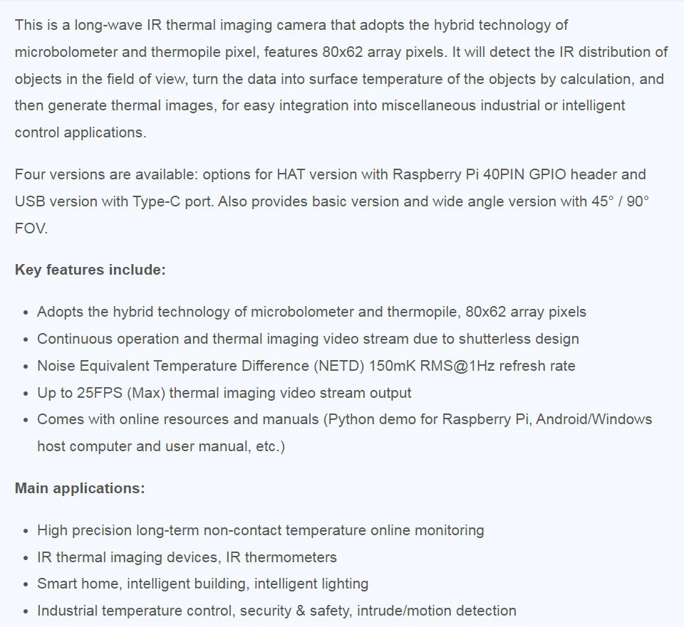 Long-wave IR Thermal Imaging Camera Module, Raspberry Pi IR Camera, 80×62 Pixels, Options for FOV and Connector
